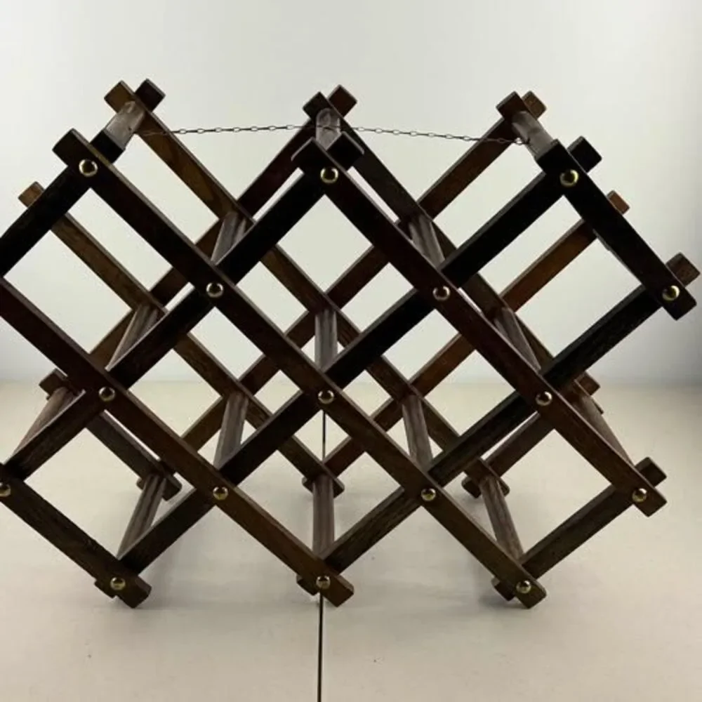 Vintage Wooden Accordion Folding Wine Rack w Brass Accents